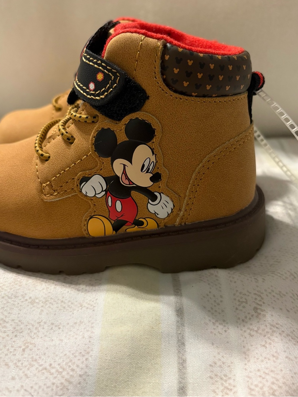 Disney Tan Kids Boots with Red Lining and Mickey Graphic